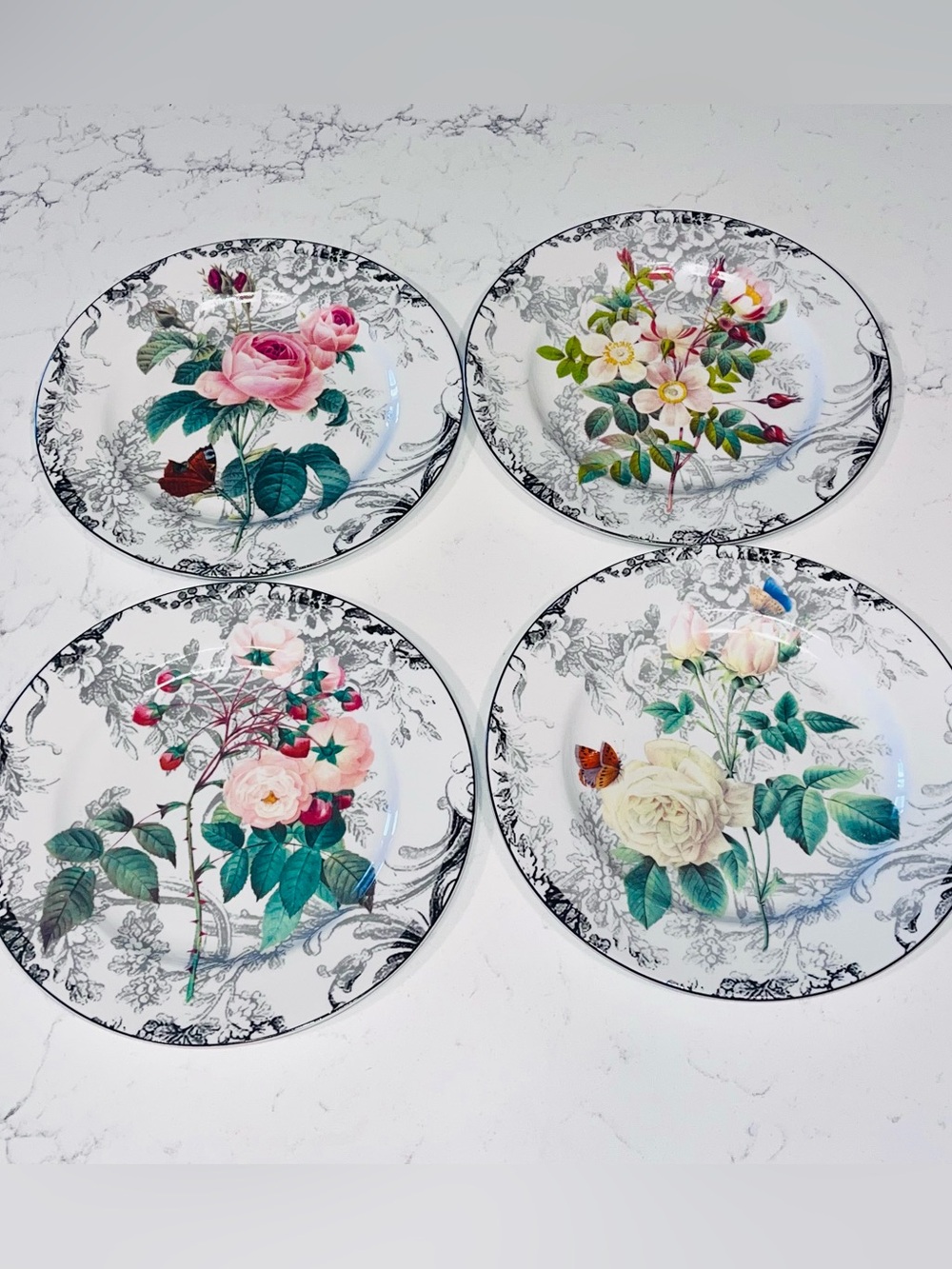 American Atelier Rose Toile Porcelain 8” Salad Plate Floral Set of 4 #5232